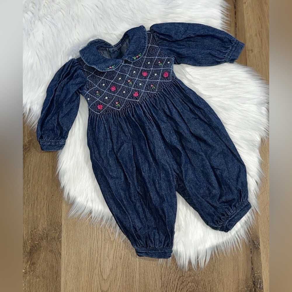 Vintage Small Creations Lord + Taylor Girls Denim Romper Size 6 Mo.